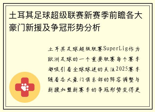 土耳其足球超级联赛新赛季前瞻各大豪门新援及争冠形势分析